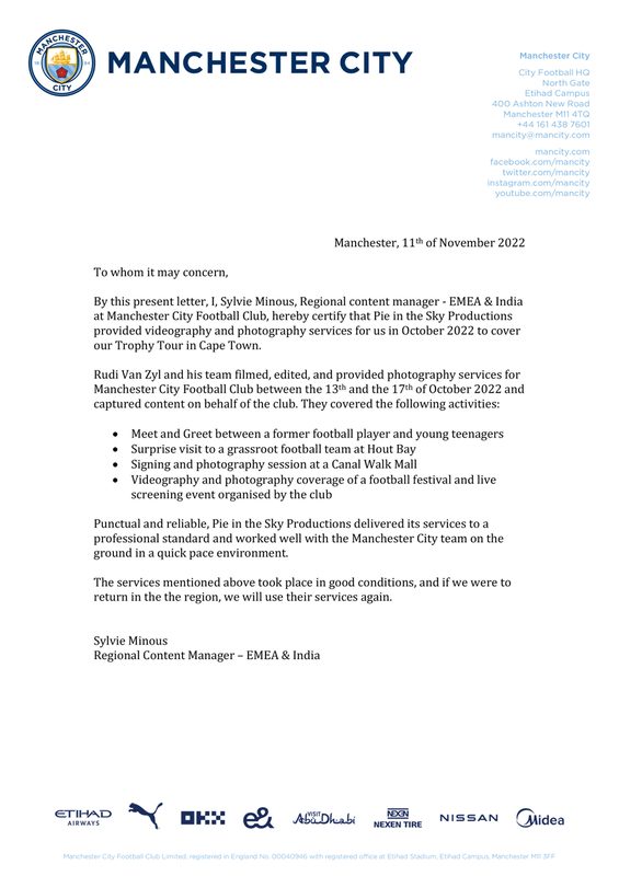 Reference letter from Manchester City Football Club